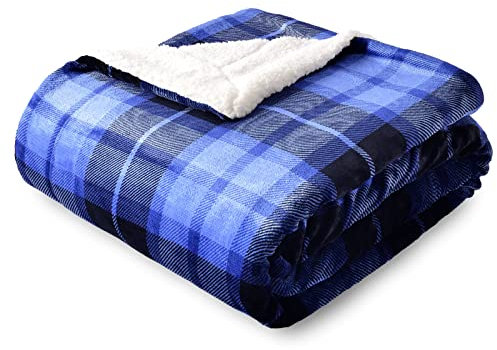 SOCHOW Karierte Sherpa Decke Fleecedecke Kuscheldecken, Dicke Sofadecke Couchdecke, doppelseitig superweiche warm luxuriöse Sofaüberwurf Flauschige Wohndecke 150 x 200 cm, Blau