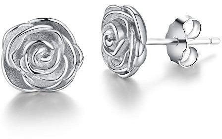 Esberry ✦Gifts for Christmas✦ 18K Gold Plating 925 Sterling Silver Rose Stud Earrings Hypoallergenic Flower Earrings Jewelry for Women and Girls (White Gold)