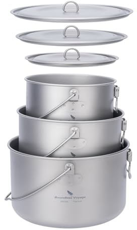 iBasingo Titan Topf 1,3L+1,95L+2,9L Camping Suppentopf mit Deckel Outdoor Kochgeschirr Leichte Wasserkocher Schüssel Wandern Küchenutensilien Tragbares Utensil Kochset für Familie Ti2056C