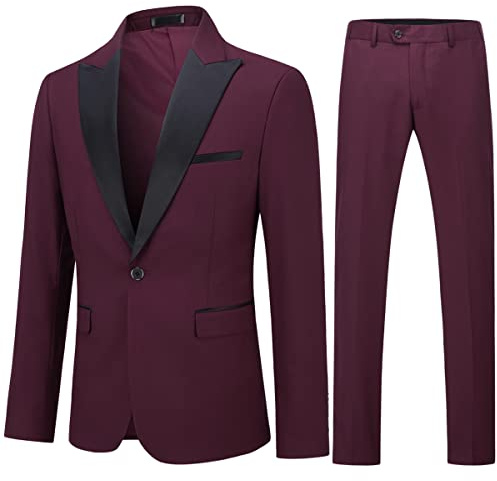 YOUTHUP Trajes de 2 piezas para hombre, ajuste delgado, solapa de pico, 1 botón, blazer y pantalones, traje de esmoquin de noche a la moda, rosso, S
