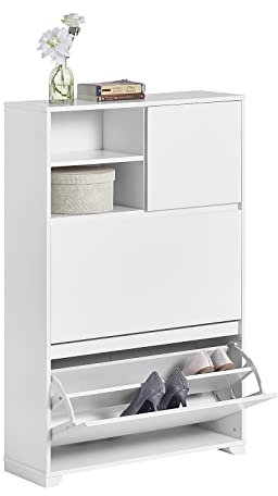 SoBuy FSR111-W Schuhablagen mit 2 Klappen, 2 offenen Fächern und 1 Tür Schuhkipper Schuhschrank schmal Schuhregal Schuhkommode Weiß BHT ca. 71x117,5x24cm