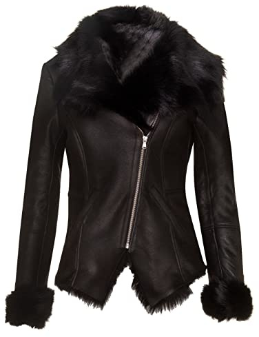 Women's Black Shearling Biker Jacket Sheepskin Aviator Leather Toscana Merino XL