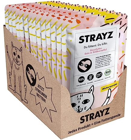 STRAYZ - Bio Katzenfutter Nass - Ente & Süßkartoffel, Getreidefreies Premium Nassfutter für Katzen mit 95% Fleischanteil ohne Zucker - 14x85g Beutel