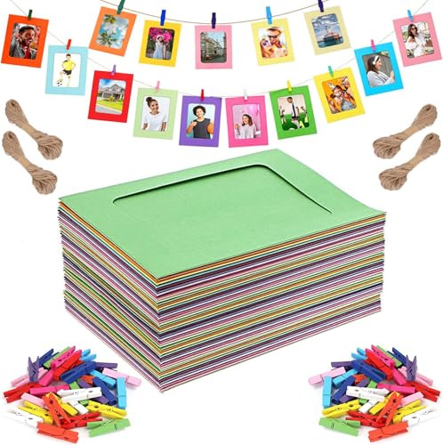 Perfect 4U 40-Pack Cardboard Picture Frames, 4x6 Colorful Paper Photo Flim with Wooden Clips, DIY Wall Decor at Home School Office Set
