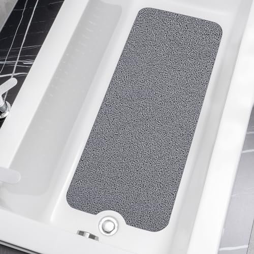 HITSLAM Tapis de Baignoire Antidérapant 100x40cm, Extra Long Tapis de Douche Antiderapant, Loofah en PVC Souple Tapis Antidérapant Baignoire, Séchage Rapide Tapis de Bain, sans Ventouse, Gris