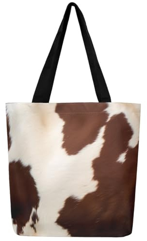 Homewish Rindsleder-Pelz-Leinwand-Tasche Braun Beige Kuh Bedruckte Lebensmitteltasche, Wildlife Haut Haar Leinwand Einkaufstasche Western Aztec Einkaufstasche, Cowboy Cowgirl Strandtasche