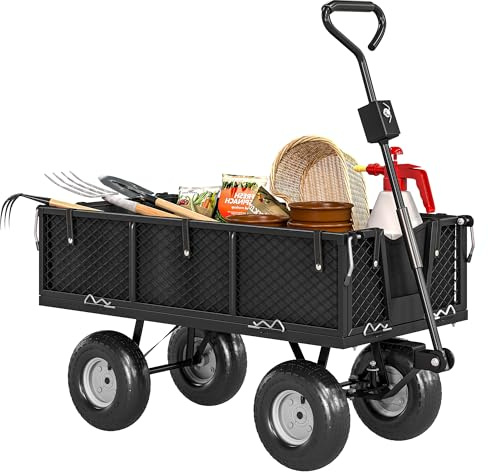 Outsunny Gartenwagen 300 kg belastbar Transportwagen mit Luftreifen, herausnehmbare Plane Griff Rädern Lenkachse Bollerwagen Handwagen Gartenkarre 114 L Gerätewagen für Haus Garten Schwarz