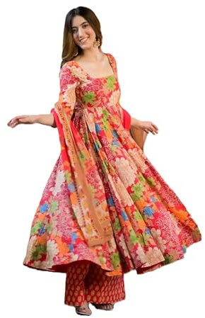 EKDAM AESTHETIC Red Floral Printed Muslin plus size salwar kameez Anarkali Pant suit for women 9416, Multicolor, XXXXL
