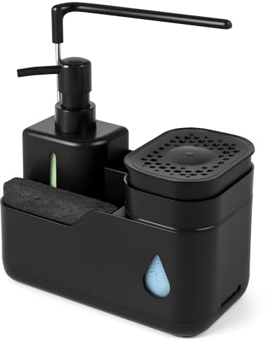 Dispensador Jabon Cocina - Dosificador Jabon Cocina - Jabonera Cocina - Organizador Cocina - Organizador Fregadero Cocina - Soporte Estropajo Fregadero (Negro)