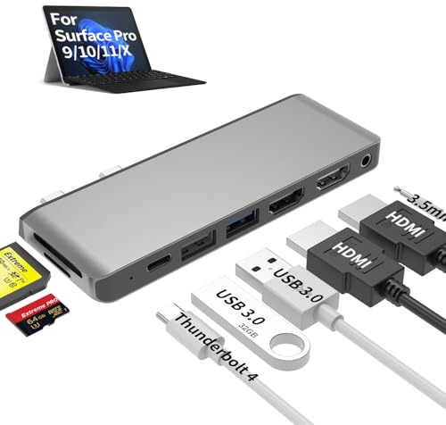 Surface Pro 11/10/9/X Docking Station con 2 HDMI 4K@60Hz, Thunderbolt 4 (video 8K, 40Gbps, 100W), Hub USB-C 8-in-1 per 3 Monitor, SD/TF Card Reader, 3,5 mm per Surface Pro 11/10/9/X Adattatore