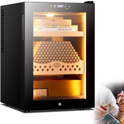 Humidor Cigarren/Humididor Cigar Cave À Cigares Électrique, Cave à cigares, thermoélectrique, porte vitrée, sur pied, tiroirs en bois de cèdre, hygromètre, éclairage intérieur LED(A)