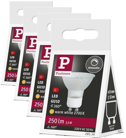 Paulmann 28536 LED Lampe Reflektor Maxiflood 3,5W GU10 230V dimmbar Warmweiß 28536 Leuchtmittel Lampe (Packung mit 4)