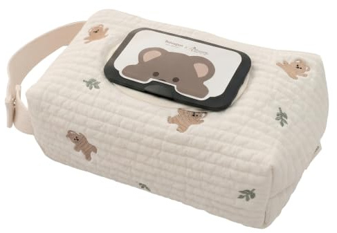 Torkhållare, våtservetter väska återanvändbar våtservetter låda snygg med handtag björntryck för camping, hem och resor, beige, 20 x 13 cm