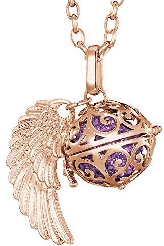 Morella Collar ángel de la Guarda de Acero Inoxidable Oro Rosa 70 cm con Colgante alas de ángel y Bola de resonancia de Color Lila 16 mm para Damas en Bolsa para Joyas