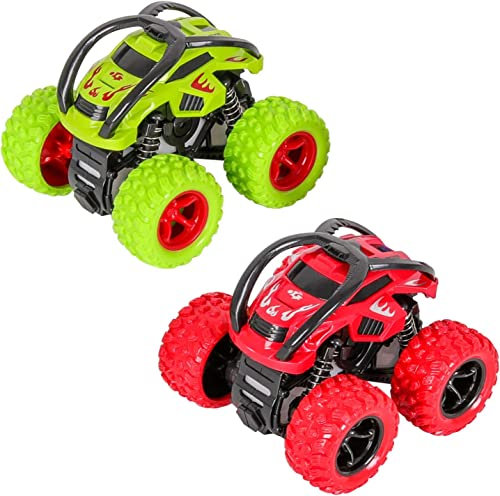 m zimoon Monster Trucks, Pull Back Car Toys 360° Rotation Off-road Friction Powered Vehicle Toy for Kids Age 2+, Birthday Xmas Gift (2 Pack, Green Red)