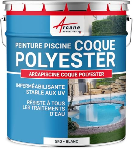 ARCANE INDUSTRIES Peinture Piscine Coque Polyester, Peinture Hydrofuge imperméabilisante, Piscine et Bassin - 5 kg (jusqu'à 15m² pour 2 Couches) Blanc