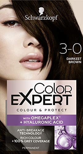 Schwarzkopf Color Expert - Tinte para cabello de color marrón oscuro permanente, hasta 100% cobertura de cabello gris y protege con Omegaplex, morena, 3-0 marrón oscuro