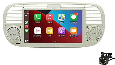 BOOMBOOST CarPlayer sans Fil Android Auto Stéréo de Voiture Android 7 Pouces 2 Din Écran Tactile Autoradio Support Bluetooth/FM/WiFi/GPS/Mirror Link Compatible pour Fiat 500+12LED Camera (Blanc)