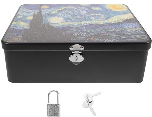 Cabilock Vintage Tinplate Storage Box with Lock - Multi-Functional Lockable Container for Money, Jewelry, Keepsakes, Makeup - Large 9.65 X 7.09 X 3.35 Inches for Home or Travel