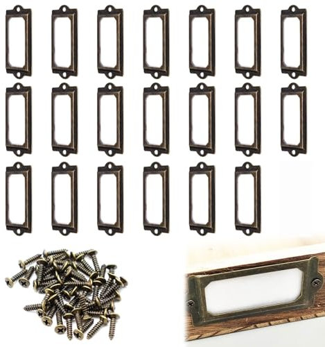 Cadre Étiquette de Nom,Porte Etiquette Metal,Bronze Rétro Cadre,Métal Bronze Rétro Vintage Carte,Porte Poignée Cadre Nominative de Tiroir de Classeur Office Décoration, 60 x 17 mm,20 Pièces