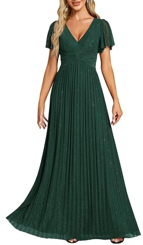 Ever-Pretty Robe de Soirée Femme Longue Manches Volantées Brillant Plissé Col V Taille Empire Chic EE11961