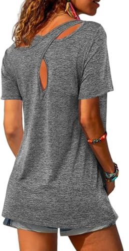 Fisoew Sportshirt Damen Fitness Kurzarm Yoga T-Shirt Leicht Gym Sport Oberteile Locker(A-Schwarz,XL)