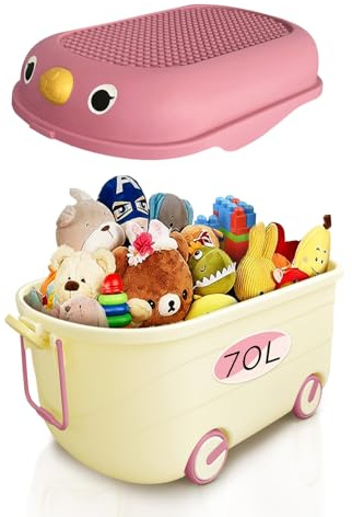 Froppi 70L Toy Box | Toy Storage with Lid | Kids Storage on Wheels | XL Size | Pink | L64 W42 H36 cm