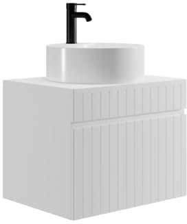 Vente-unique-Mobile per bagno sospeso scanalato con lavabo tonda da appoggio 60 cm Bianco - SATARA