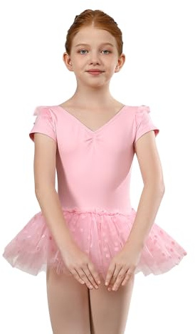 Tutú Vestido Ballet Niña Tutú de Ballet para Bailarina con Mangas Cortas y Lunares, 7003-rosa-N, 6-7 años