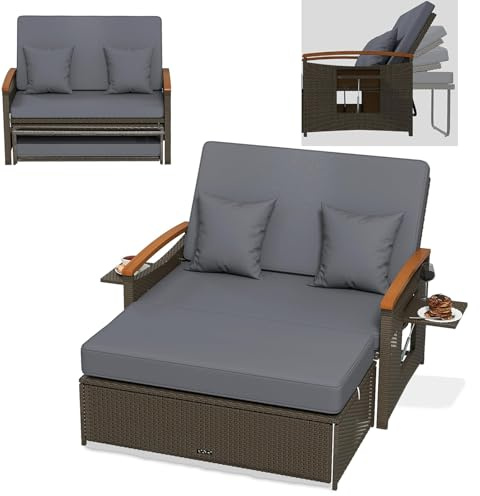 GYMAX Salons de Jardin Extérieurs en Rotin 2 Personnes, Canapé & Repose-Pieds & Lit de Repos 3 en 1, Dossier Pliable et Réglable à 4 Niveaux, avec Espace de Rangement et Coussins Confortables (Gris)