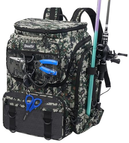 Desfir Angelrucksack mit speziellem Rutenfach, 50 l, wasserabweisend, große Aufbewahrungstasche für Salzwasser, Barsch, robuster Outdoor-Ausrüstungsrucksack für Herren