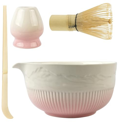Matcha Whisk Set - Matcha Bowl and Bamboo Matcha Whisk, Scoop, Whisk Holder, 4pcs Perfect Matcha Starter Kit for Matcha Tea Ceremony (Pink White)