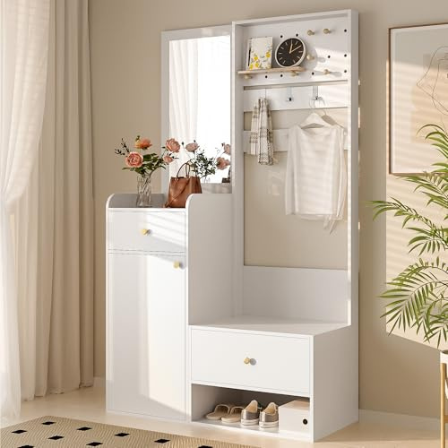 Moderno armario compacto de 110 x 180 cm, estante de entrada multifuncional, elegante almacenamiento blanco con espejo, ganchos ajustables y espaciosos estantes para zapatos