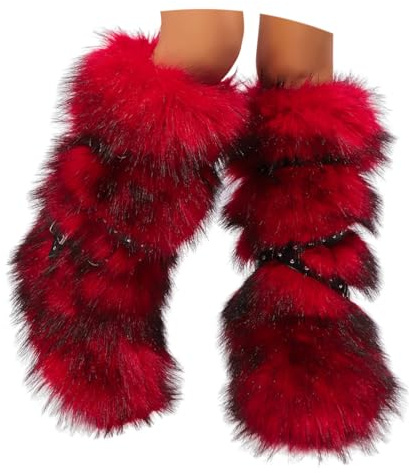 ORANDESIGNE Femme Bottine en Peluche Fourrure Hiver Bottes de Neige Plate Bottines Fourrées Y2K avec Boucle de Ceinture A Rouge 43 EU