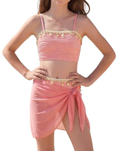 SEAUR Bambina Bikini 3 Pezzi Mode Rosa Gonne da Spiaggia Nuoto Ragazze Tankini Triangolo Regolabil Colore Solido 9 Anni
