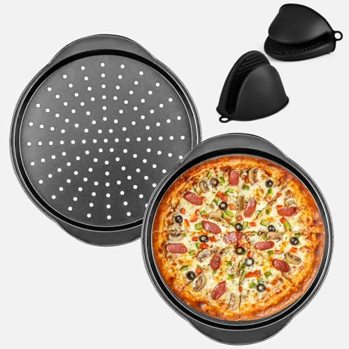 BEZHGOC Pizza Trays for Oven 2PCS, 13 Round Pizza Pan with Holes and Handle Carbon Steel Non-Stick Round Baking Trays Perforated Base Pizza Oven Trays Dishwasher Safe for Cooking, Baking (Grey)