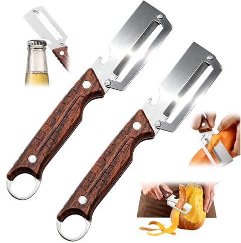 Pelador de Verduras Mango Madera, 2 Piezas Pelador de Patatas Multifuncional Cero Tirones con Abridor de Botellas y Hoja Inox para Cocina, Verduras, Carne, Frutas
