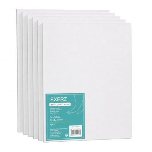 Exerz 24x30cm Pannelli in Tela 6pz - 3mm/ 280gsm/ 100% Cotone Cartoni Telati d’Artista Bianca per Pittura/Vuote/Tre Strati di Gesso/Prive di acidi/Grana Media - Olio o Acrilico