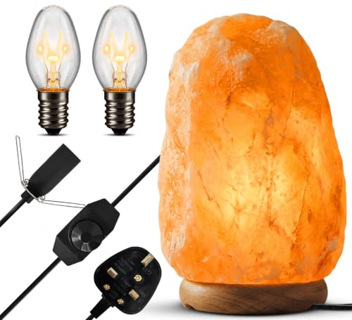 ONEX Himalayan Salt Lamp 2kg Natural Crystal Rock Salt Lamp, Wooden Base, 2 Bulbs & Dimmer Cable, Warm Pink Amber Glow, Authentic Salt from Pakistan, Home Decor & Gift