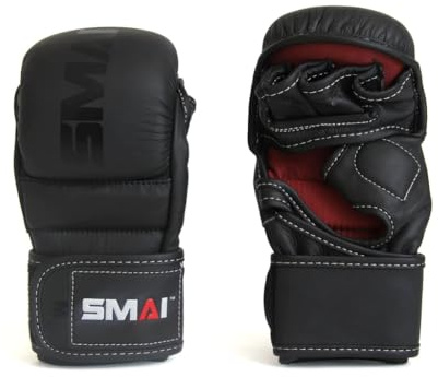 SMAI Leather Hybrid MMA Sparring Gloves: Premium Leather for Kickboxing, Cage Fight, Striking, Grappling, Martial Arts, and Heavy Bag Training. Open-Palm Design for Men and Women (L)
