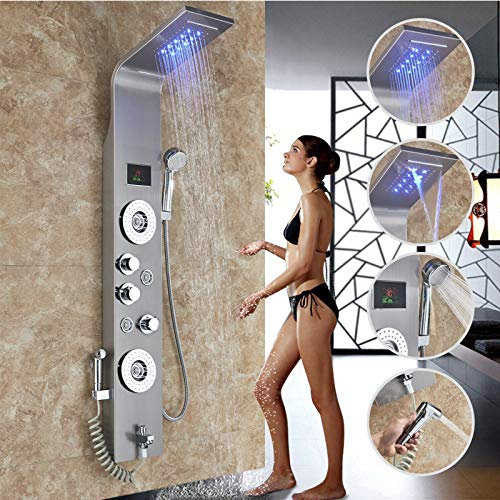 Rozin Edelstahl LED Duschpaneel 6 Funktionen Duschsäulen Regendusche Duschset mit Wassertemperaturanzeige und 4 Massagedüsenduschpanel Bidet-spray Gebürstetes Nickel