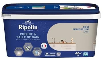 RIPOLIN - Peinture Intérieure Cuisine et Bain– Murs, Boiseries & Radiateurs - Adapté Pièces Humides - Effet Perlant - Lessivable - Haute Résistance - Beige Pierre De Lune - Satin - 2L