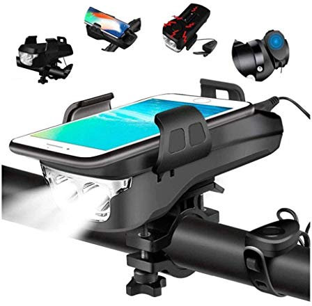 Supporto per telefono portatile ricaricabile 4 in 1 per faro da bicicletta con clacson e power bank, impermeabile e multifunzione, 130 dB, campanello da 130 dB, caricatore 4000 mAh