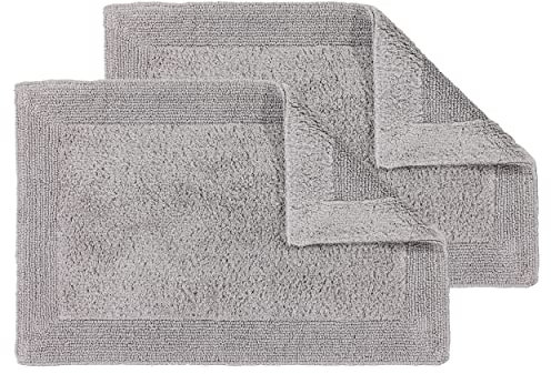 Schöner Wohnen Kollektion Badematte 60 x 90 cm hellgrau – Badvorleger waschbar & beidseitig verwendbar – Badteppich Bordüre – 100% Baumwolle Badezimmerteppich 2er Set