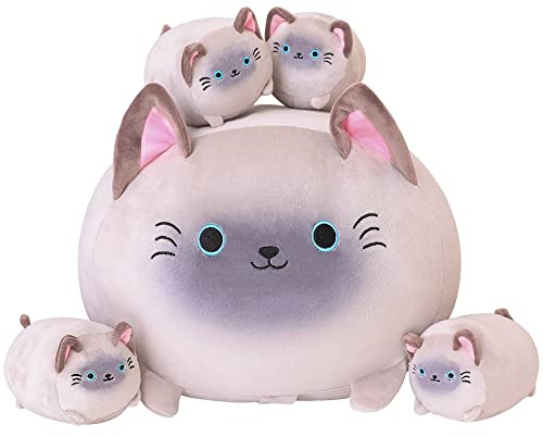 SQEQE Siamese Cat Plush, söt siamese katt fylld djur mamma med 4 squishy Kitties i hennes fantastiska djur, mjuk siamese Cat Plushies Pillow presenter för barn