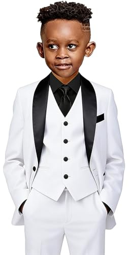 Boys Suit Teenage Tuxedo Slim Fit Set White Communion Suits for Boy Formal Dress Clothes Youth Kids Wedding Graduation Outfit with Black Shirt Tie Size 16
