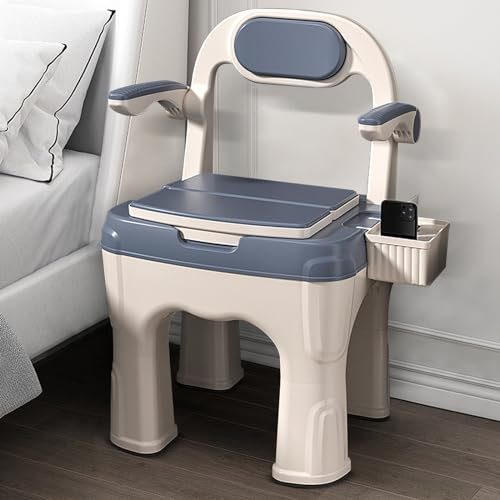 Commode Toilet Chair,Bedside Commodes with Built-in Toilet with Soft Backrest and Padded Easy to Assemble Supports Up to 660 Lbs Suitable for Home Use - Portable Elderly Potty Chair (Blue)
