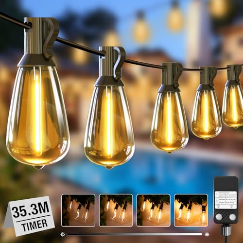 litogo LED Lichterkette Außen Dimmbar mit Timer, 35.3M Deko Lichterkette Aussen Strom mit Retro Warmweiß Glühbirnen Plastik, Wetterfest lichterketten für Garten Balkon Party Pavillon Terrasse
