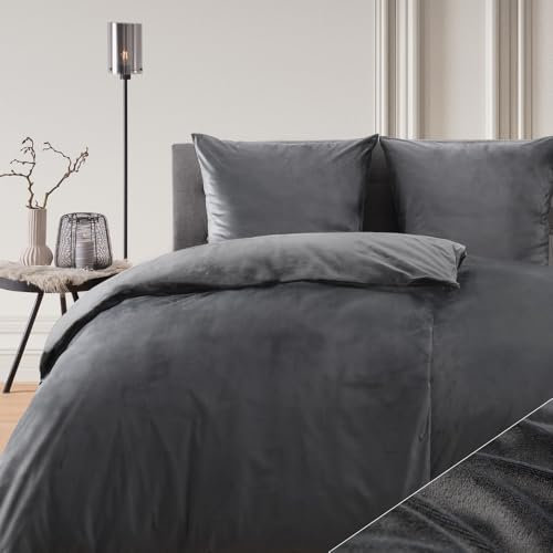Blumtal Bettwäsche 135x200 cm Cashmere-Touch Plüsch 2er Set - OEKO-TEX zertifizierte Bettwäsche warm 135x200 2x + Kissenbezug 80x80 2x - Bettwäsche 135x200 Winter 4teilig - Plüsch-Bettwäsche Anthrazit
