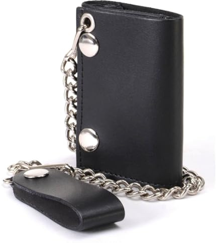 Milwaukee Leather MLW7831 Men's 4 Classic Black Plain Genuine Leather Tri-Fold Biker Wallet w/Anti-Theft Stainless Steel Chain - One Size